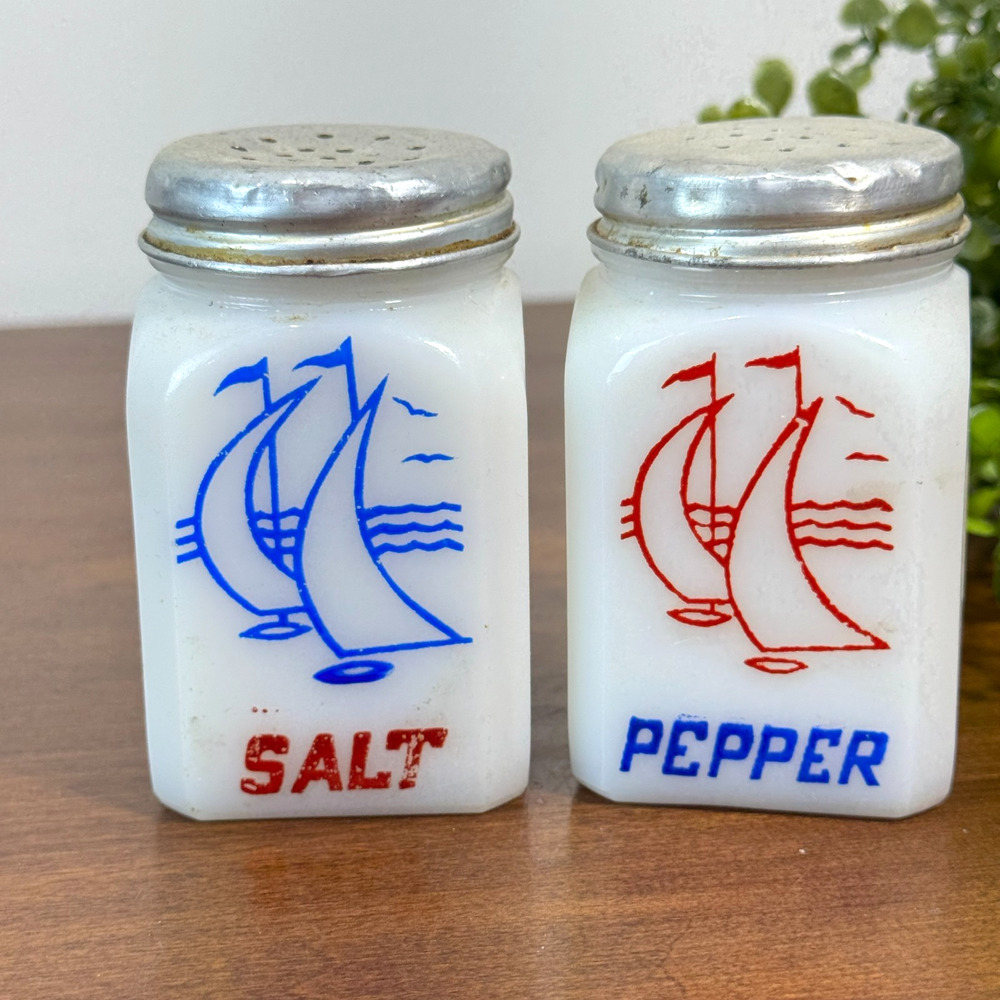 Vintage Hazel Atlas Sailboat Milk Glass Salt & Pepper Shakers w/ Lid Spices USA